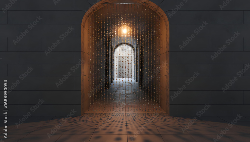 Fototapeta premium Dimly lit corridor with a sparkling, cascading light effect.