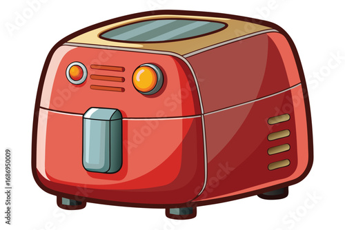 Whimsical Retro Red Air Fryer Illustration with Rounded Edges and Simple Design, Perfect for Adding a Touch of Vintage Charm