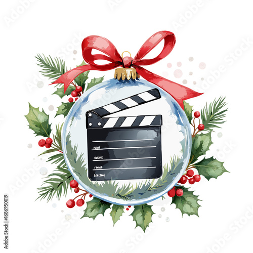 Festive christmas ornament featuring a movie clapperboard surrounded by holly and pine branches isolated on transparent background