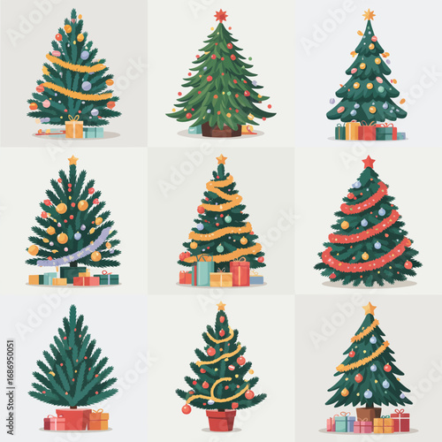 Collection of nine decorated christmas trees with gifts underneath