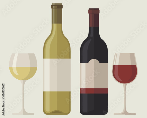 Two bottles of wine one white and one red with matching wine glasses