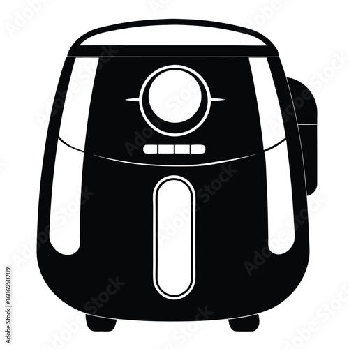 Whimsical Retro Black and White Air Fryer Illustration with Rounded Edges and Simple Design, Perfect for Adding a Touch of Vintage Charm