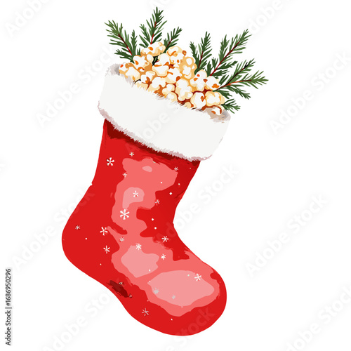 A festive red christmas stocking filled with popcorn and pine branches isolated on transparent background