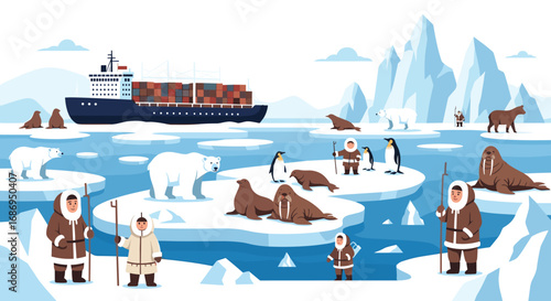 Arctic exploration and wildlife on floating ice with a cargo ship and people in traditional clothing