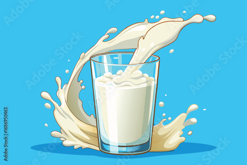 Refreshing Glass of Milk with a Dynamic Splash Against a Serene Blue Backdrop, Evoking a Sense of Purity