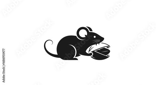 Simple black silhouette of a mouse holding a large nut.