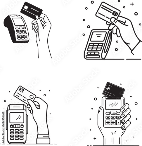 Hand holding credit card near payment terminal for secure transactions black and white line art silhouette