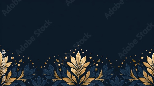 Elegant floral border illustration featuring golden leaves and blue accents on a dark background, perfect for invitations, greeting cards, or decorative designs with copy space