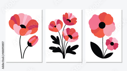 Abstract Mid Century Modern Floral Art Triptych With Pink and Coral Flowers vector illustration