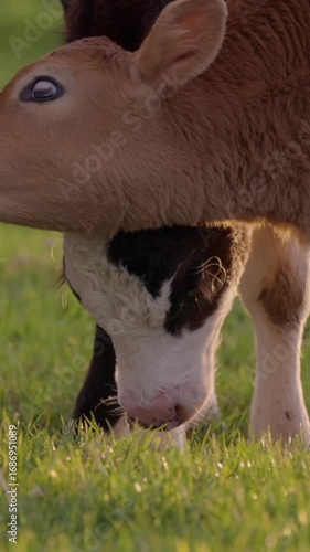 Wallpaper Mural Two young calves, one brown and one dark brown, graze on lush green grass in a pasture. The calves are feeding, enjoying the fresh grass in the countryside. Torontodigital.ca