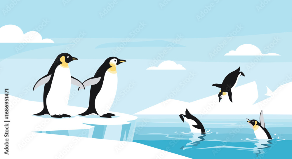 Fototapeta premium Adorable emperor penguins gather on icy shores and leap joyfully into the cold blue ocean waters