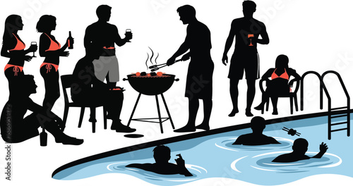 Silhouette people enjoying a summer barbecue party by the swimming pool grill pool party