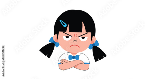An angry cartoon girl with pigtails and a blue bow expressing frustration and displeasure