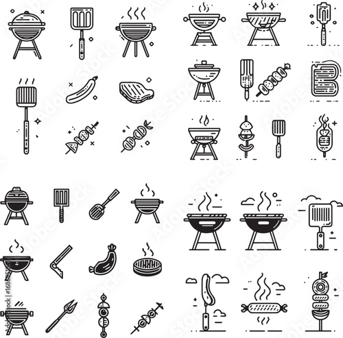 Minimalist black and white barbecue icons set featuring grills utensils and food for design projects silhouette