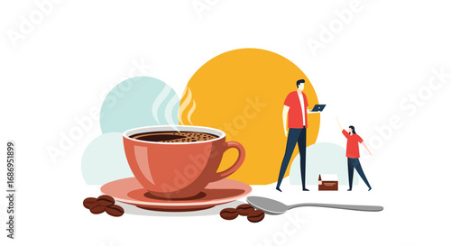 Morning refreshment concept with hot coffee and people enjoying the sunlit day