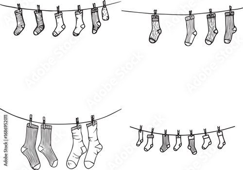Simple black outline doodle of clothesline with hanging socks for laundry day designs silhouette