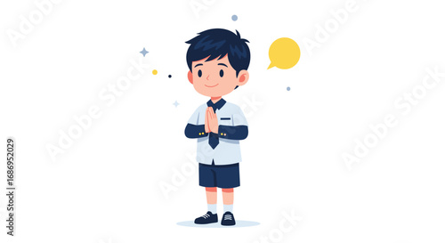 A young student in a school uniform offers a respectful greeting and thinks about learning opportunities