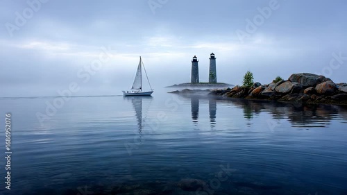 Wallpaper Mural Misty Harbor Sailboat Lighthouses Torontodigital.ca