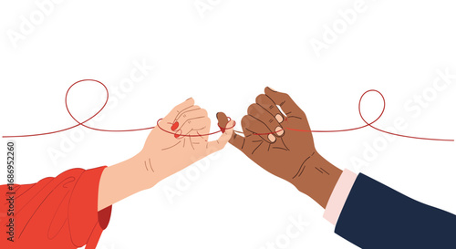 Two people linking pinkies with red string of fate representing connection and destiny