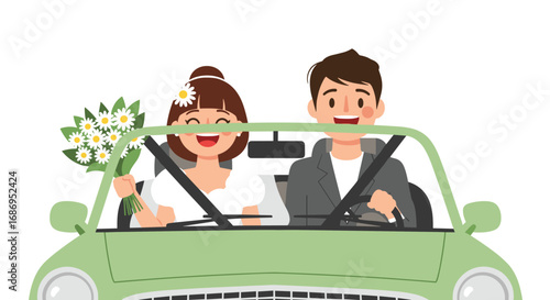 Joyful newlyweds driving away in a car after their wedding ceremony a happy couple embarking on their new life together celebrating their love and commitment on their special day