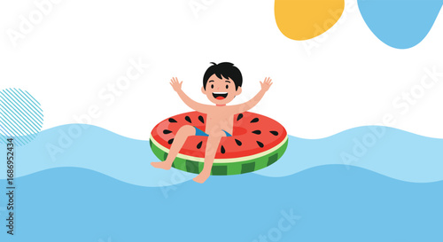 Joyful young boy with arms raised high enjoying a sunny summer day floating on a watermelon inner tube in a sparkling blue pool with stylized clouds above