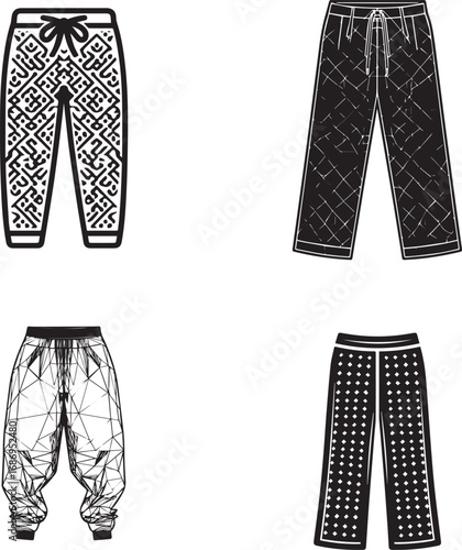 Collection of four casual pajama pants designs front view icons apparel graphics silhouette