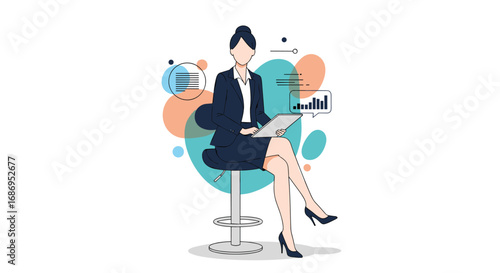 Business professional woman analyzing financial data on a tablet while seated on a stool surrounded by abstract shapes representing data visualization and growth charts in a modern office setting