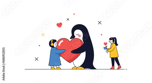 A giant heart shared between a child a penguin and another child showing love together