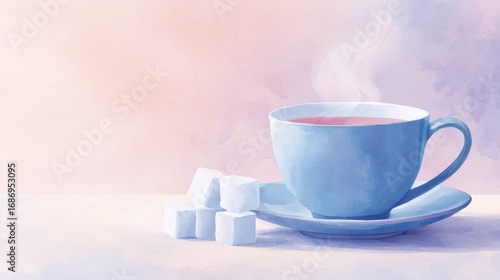Blue cup filled with steaming tea sits on a saucer beside sugar cubes, against a soft pastel background, creating a serene and inviting atmosphere for relaxation