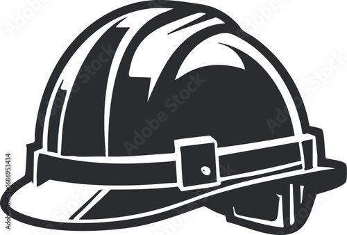 Black and white illustration of a construction hardhat helmet for worker safety and protection