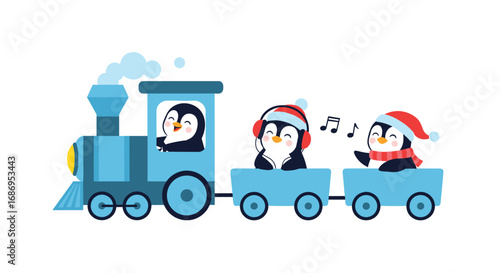 Cute cartoon penguins riding a blue train through a winter wonderland enjoying the snow season festive holiday fun