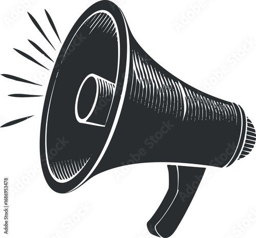 Black and white vintage style megaphone illustration symbolizing loudspeaker and public announcement