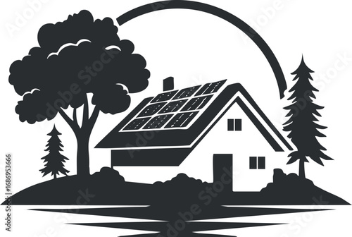 Silhouette of a house with solar panels on the roof surrounded by trees and nature representing sustainable energy and eco-friendly living