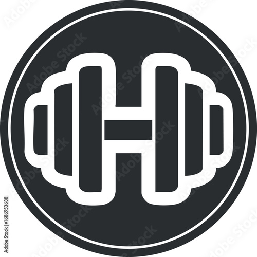Black and white dumbbell icon representing fitness, strength training and gym workout equipment