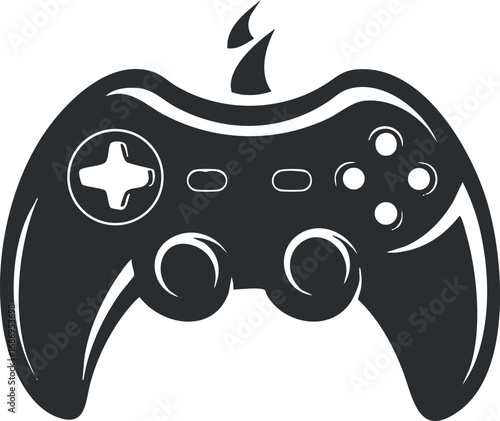 Black and white illustration of a video game controller with buttons and joysticks for gaming devices