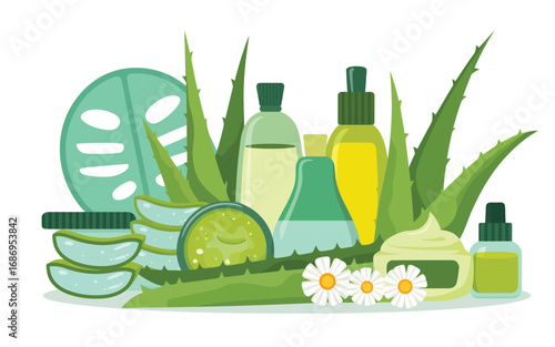 Natural skincare products featuring aloe vera and chamomile flowers