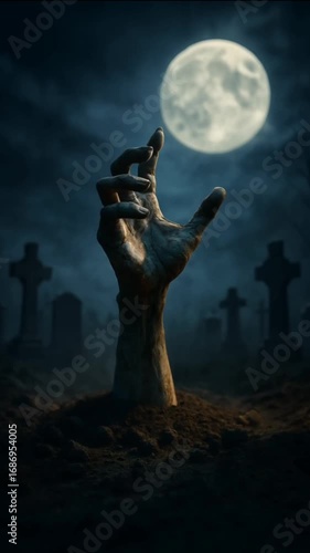 Wallpaper Mural Eerie Graveyard Scene with Haunted Hand Emerging from Ground under Full Moonlight, Spooky Atmosphere Creates Haunting Vibes, Halloween concept Torontodigital.ca