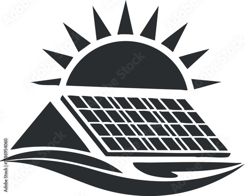 Icon of solar panel with sun representing renewable energy and sustainable power generation