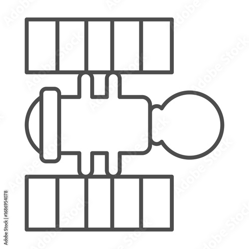 Satellite with solar panels and telescope thin line icon, space exploration concept. Vector graphics. Space satellite sign on white background, outline style icon for mobile or web design.