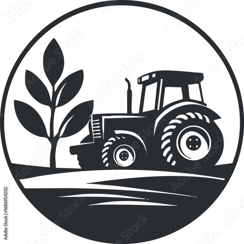 Black and white icon of a tractor on a farm field next to a tree representing agriculture and farming