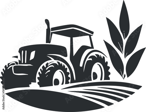 Black and white illustration of a tractor working on a farm field with a growing plant nearby symbolizing agriculture and farming