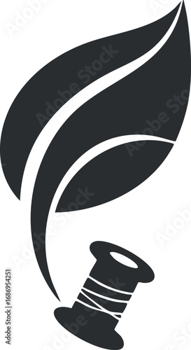 Black and white icon combining a leaf and a spool of thread symbolizing eco-friendly sewing and sustainable textile crafts