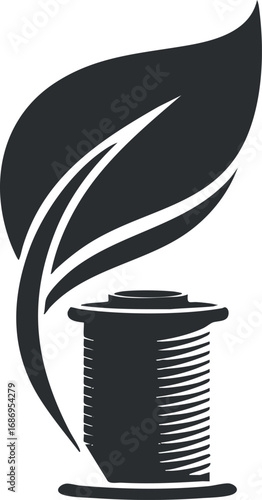 Black and white icon of a thread spool combined with a leaf symbolizing eco-friendly sewing and sustainable textile craft