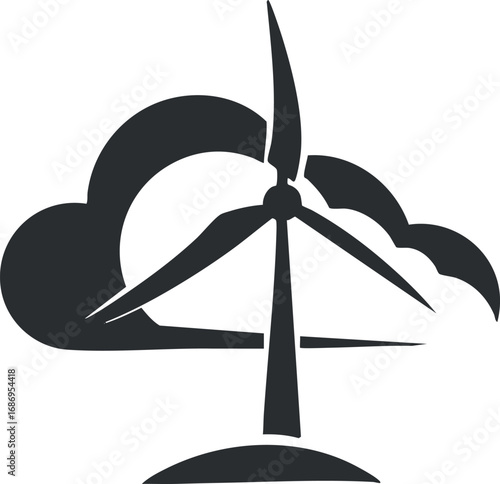 Black silhouette of a wind turbine with clouds in the background symbolizing renewable energy and clean power generation