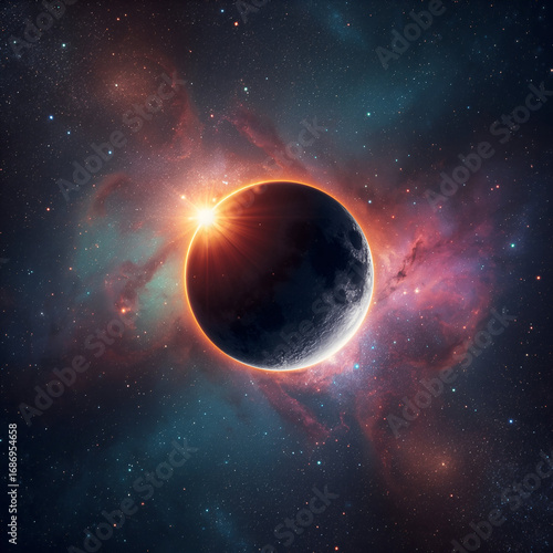 Cosmic Solar Eclipse with Starry Nebula