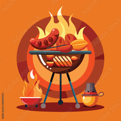 Barbecue Bliss Sausage on the Grill with Flames and Tongs a Classic Summer Cookout Vector Illustration Graphic