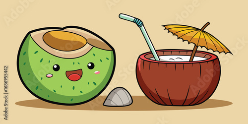 Whimsical Coconut Duo A Cartoon Delight of Tropical Refreshment and Playful Beach Vibes Featuring Straws and Parasols