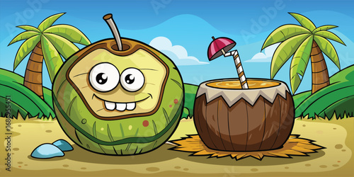 Whimsical Coconut Duo A Cartoon Delight of Tropical Refreshment and Playful Beach Vibes Featuring Straws and Parasols
