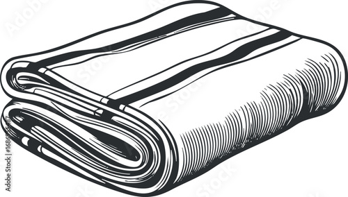 Folded striped towel illustration in black and white showing fabric texture and pattern