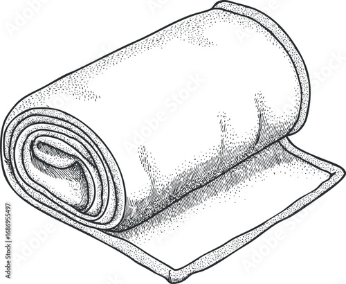Detailed black and white illustration of a rolled blanket showing texture and folds